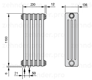 Схема (чертеж) Радиатор Zehnder Charleston 4110/5 №3370 Белый глянцевый RAL 9016